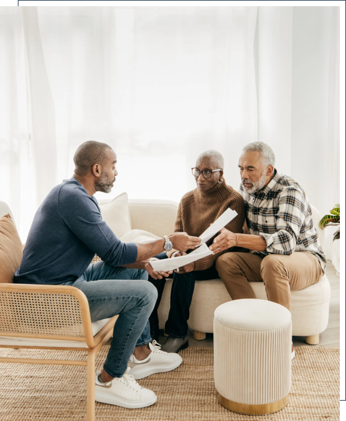 Family meeting in cozy living room.